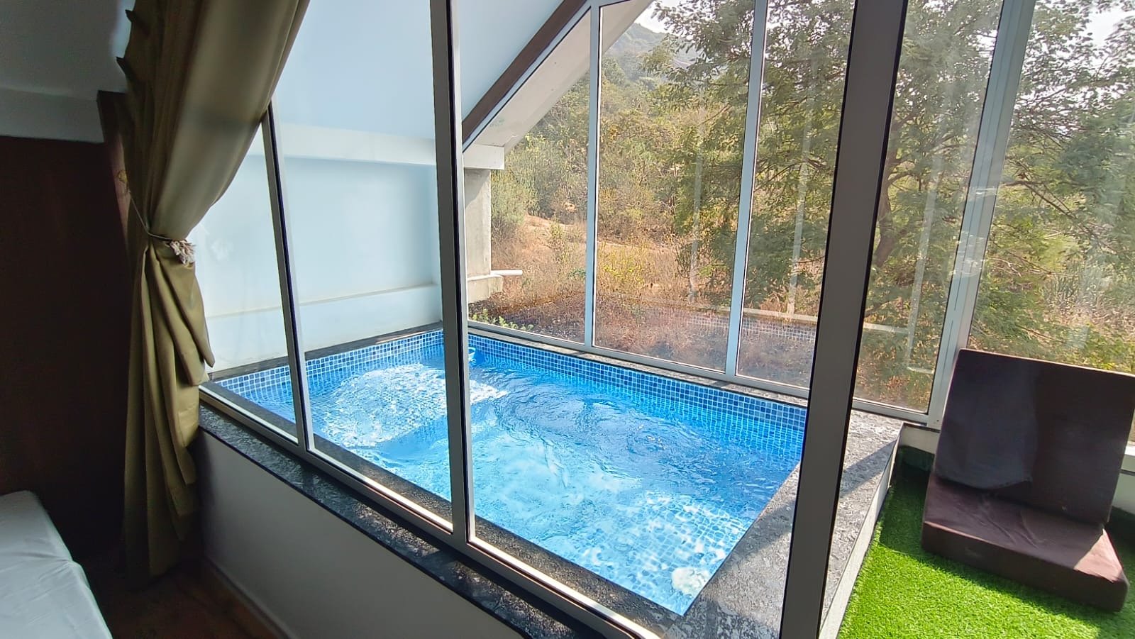 Pool contractor — FRP pool shell with reinforced PVC membrane welding in progress