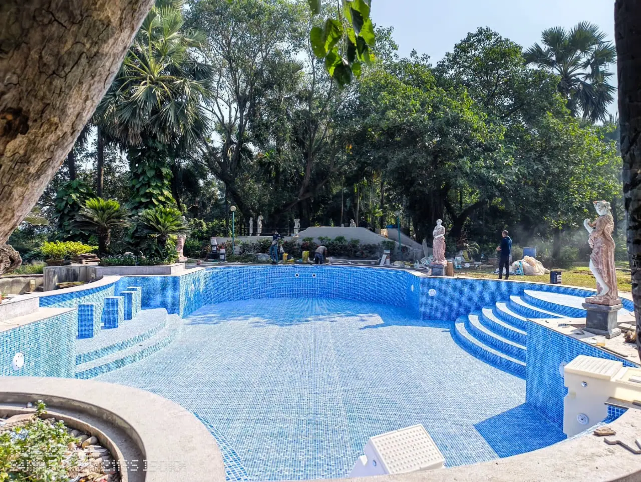 Pool contractor — Free-form mosaic-tiled resort pool with curved sun-deck steps by Dreamz Pools