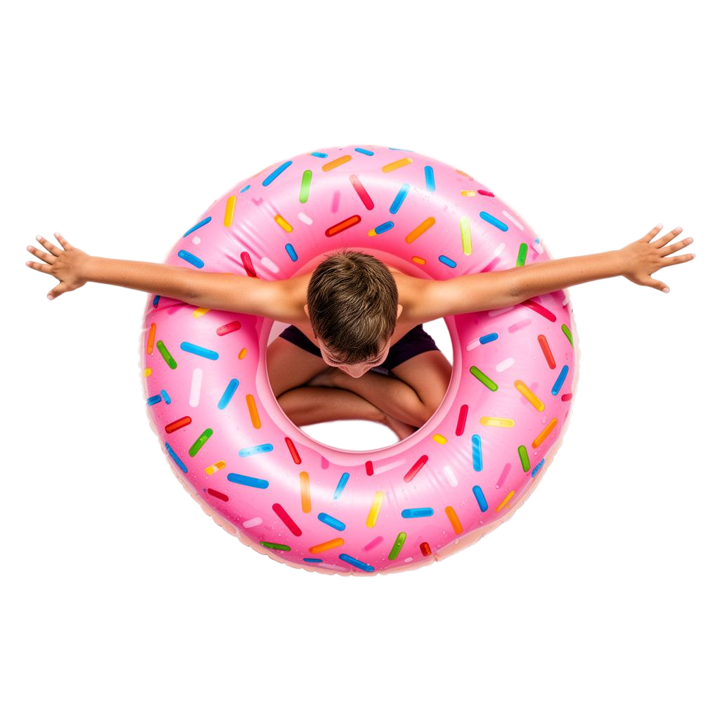 Joyful boy seated in a pink doughnut pool float with arms wide open
