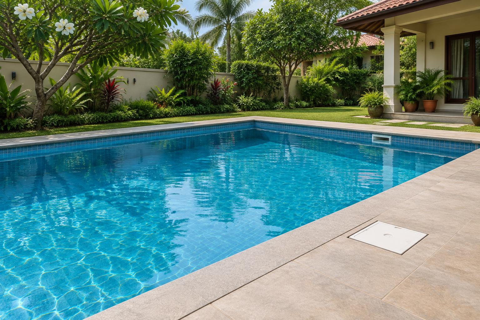 Backyard skimmer pool at an Indian villa — water sits just below the coping with a skimmer lid visible on the deck